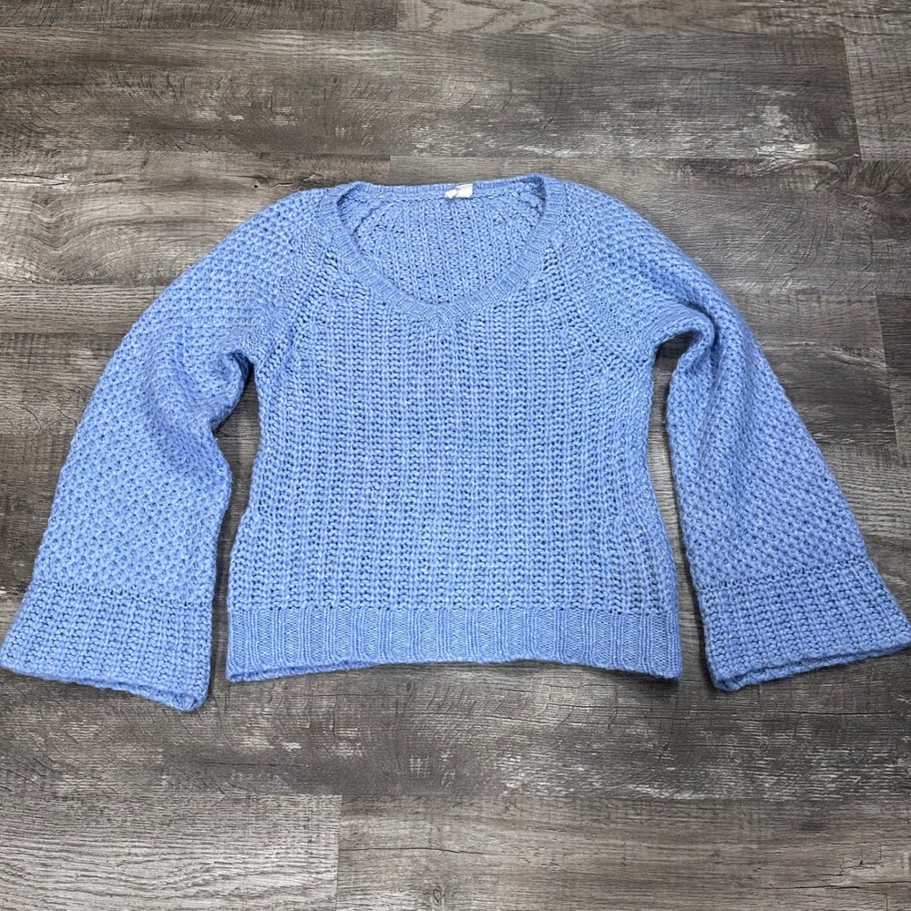 Moth Anthropologie Blue Mohair Wool Blend Bell Sleeve V-Neck‎ Sweater M Italy